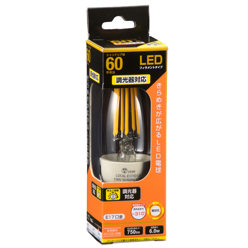 オーム LDC6L-E17/D C6 LED電球 フィラメントシャンデリア形 750lm（電球色相当)OHM[LDC6LE17DC6] 返品種別A