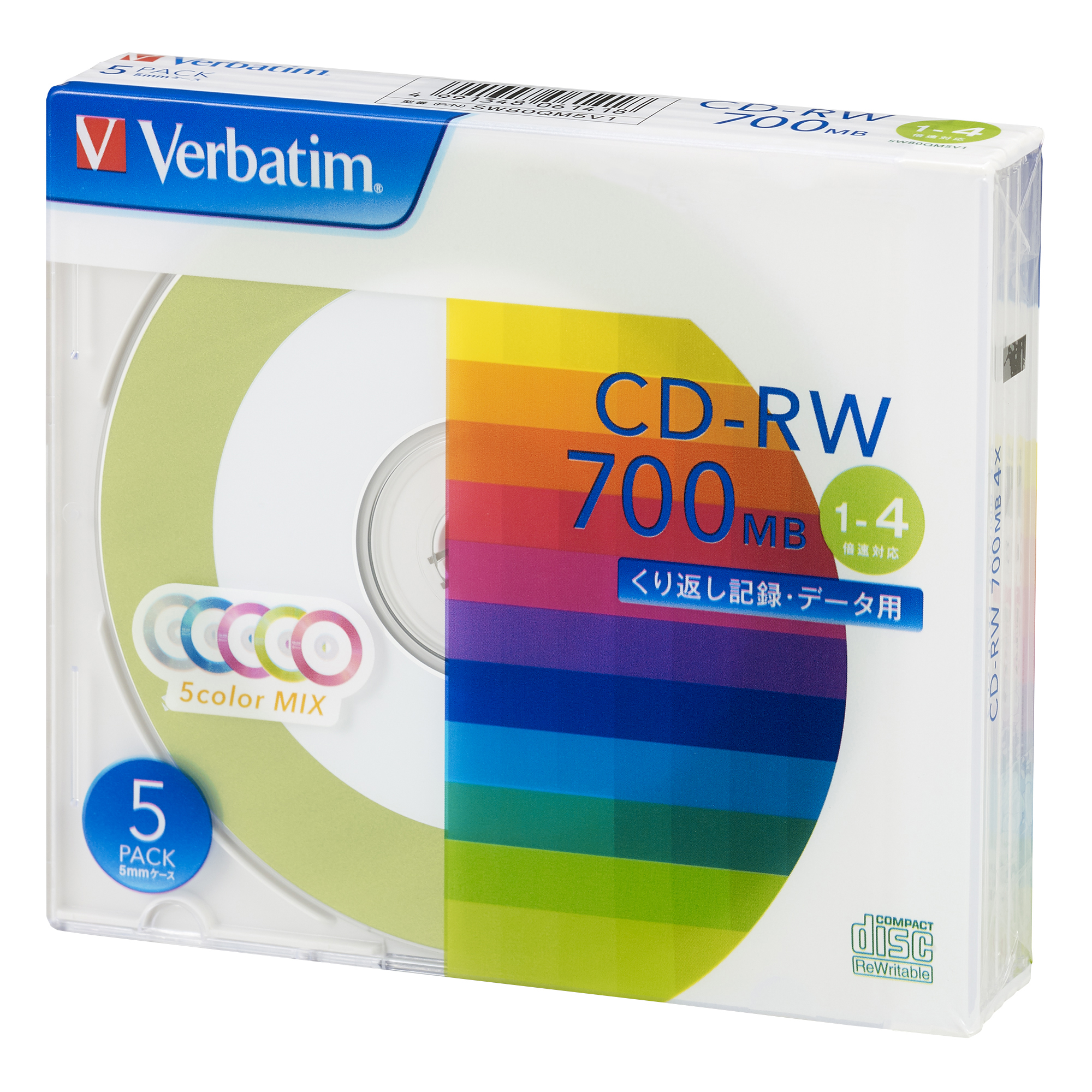 バーベイタム SW80QM5V1 データ用4倍速対応CD-RW 5枚パック 700MB カラーミックス[SW80QM5V1バベイタム] 返品種別A